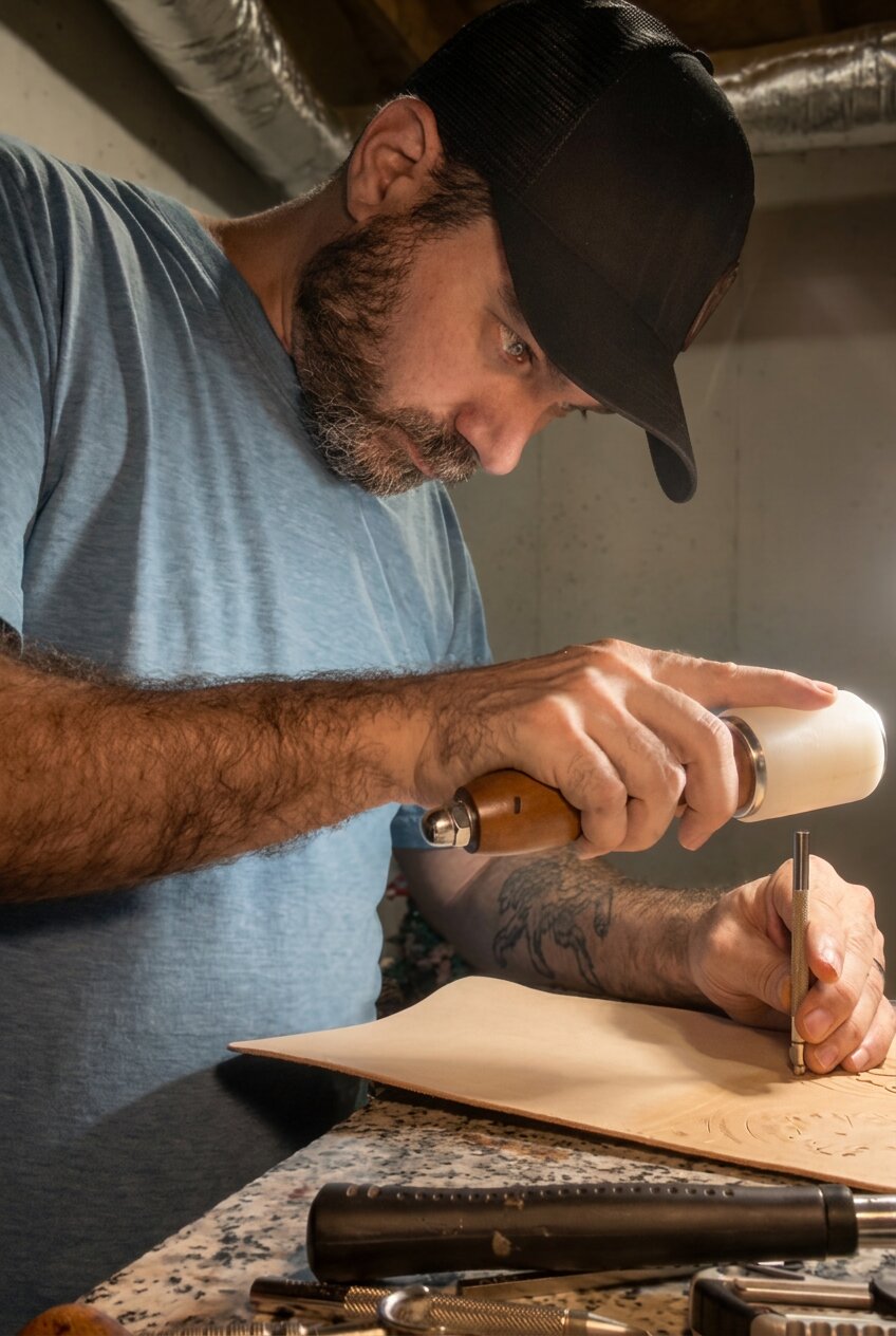 A leather craftsman holding a maul and steel stamp, carving a pattern into veg-tan leather at his bench